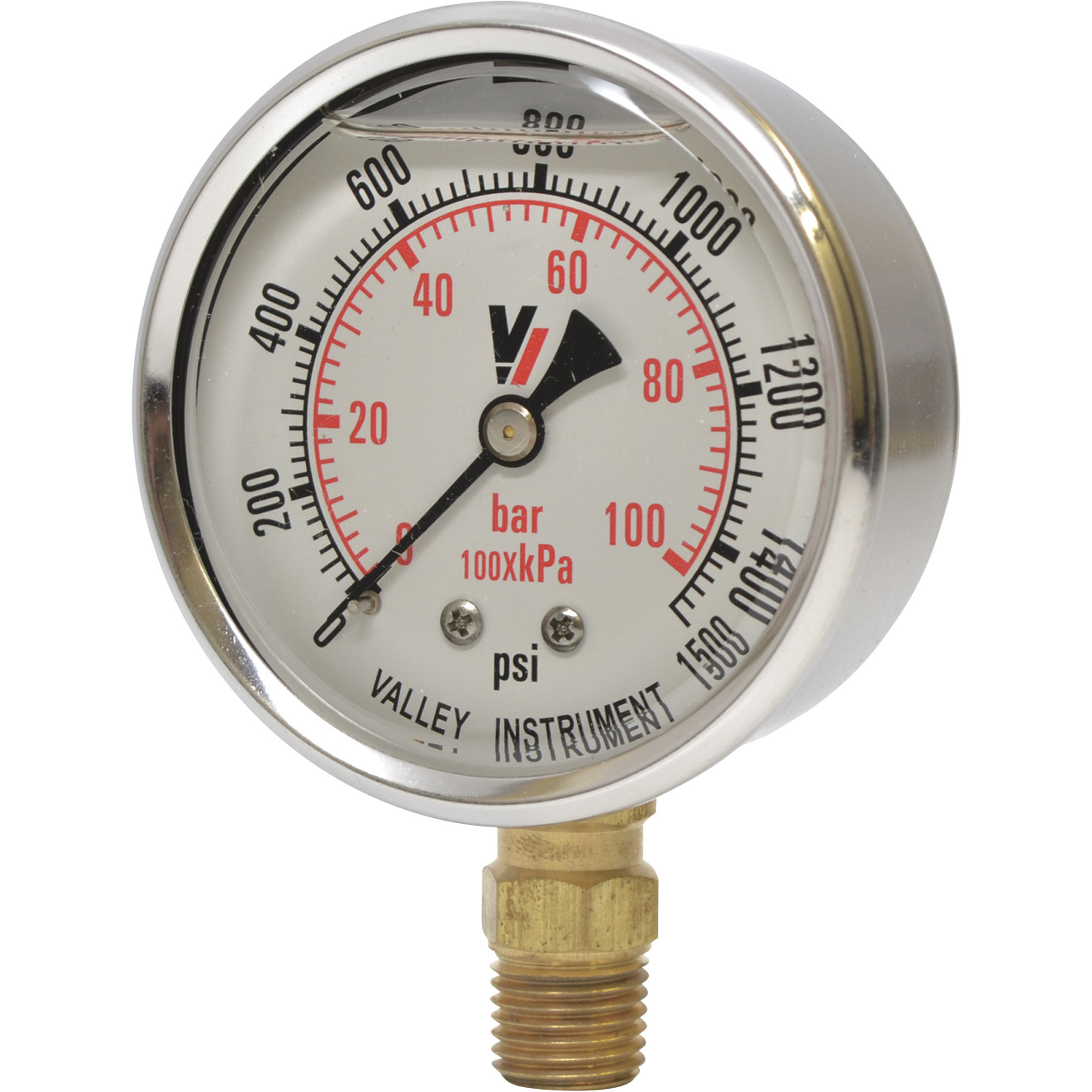 Valley Industries, 2.5in. Bottom Mt Gauge 1500PSI, Case Material Stainless Steel, Min. Operating Pressure 0 PSI, Max. Operating Pressure 1500 PSI, Model# 2140GXB1500